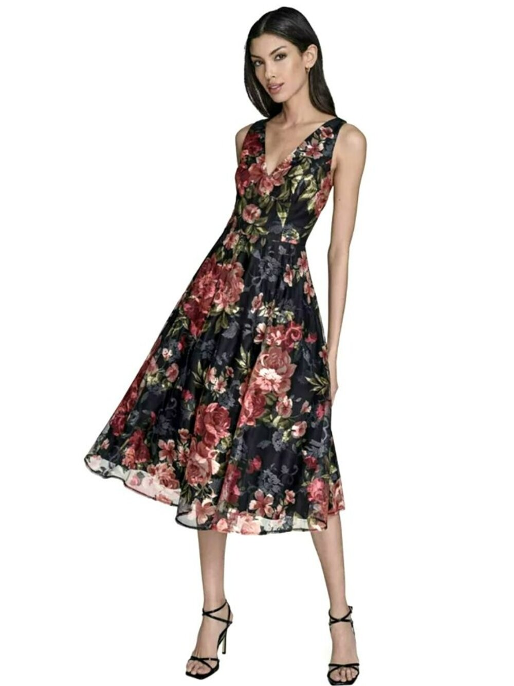 Eliza J Black Floral Fit & Flare Midi Dress Size 2 New